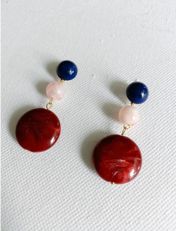 Boucles d'oreilles 3 rangs bleu,rose et rouille